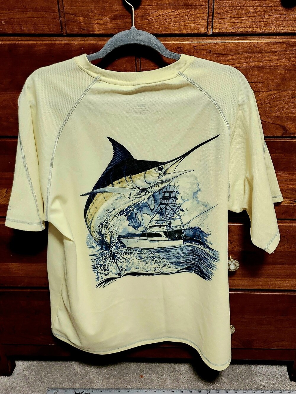 Men's Guy‎ Harvey Fishing Graphic Tee Blue Water Double Dry Light Yellow XL